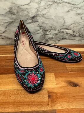 Two Lips Black Ballet Flats with Pink & Teal Floral Embroidery